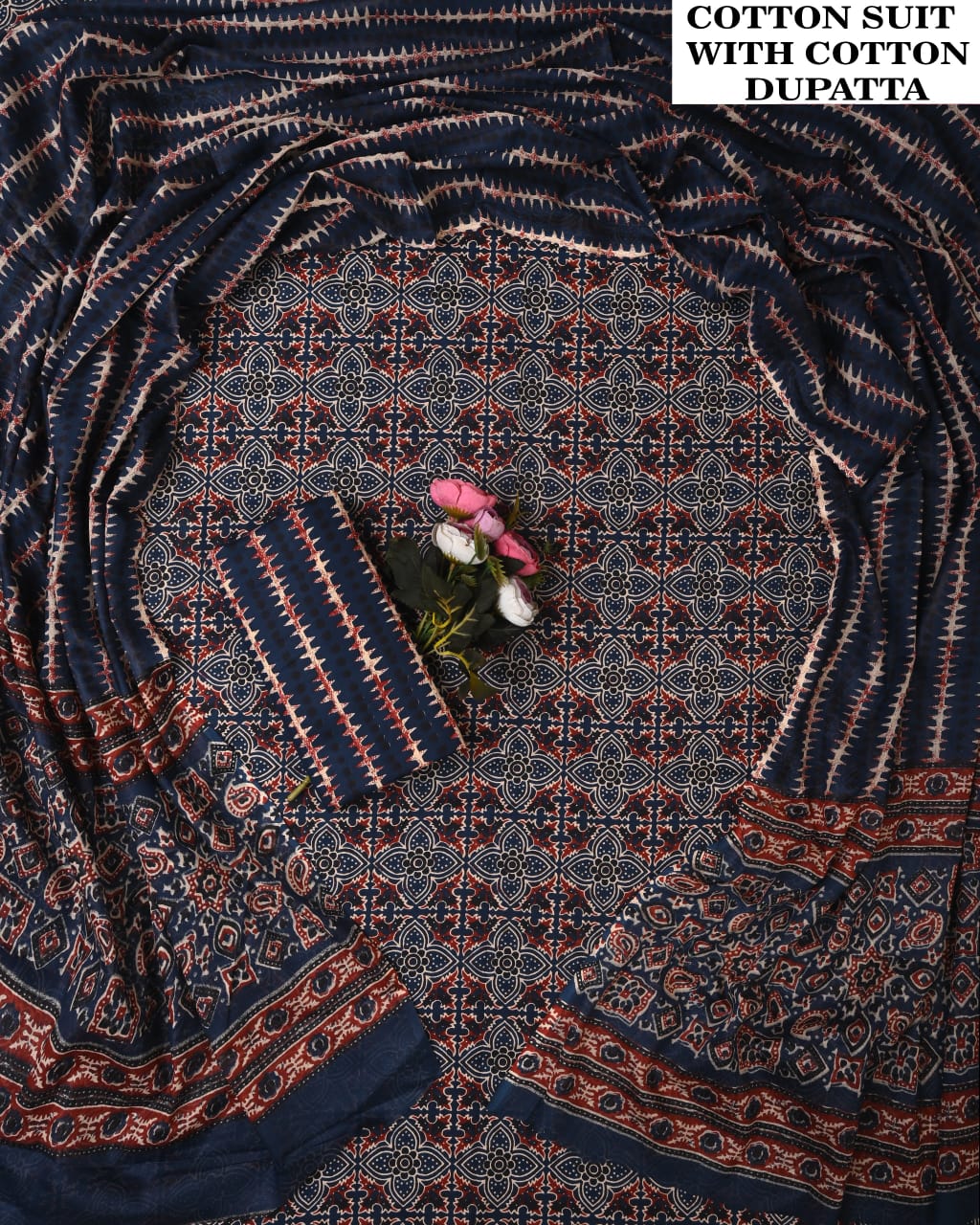 Designer Hand Block Printed Cotton Suit Set With Cotton Dupatta