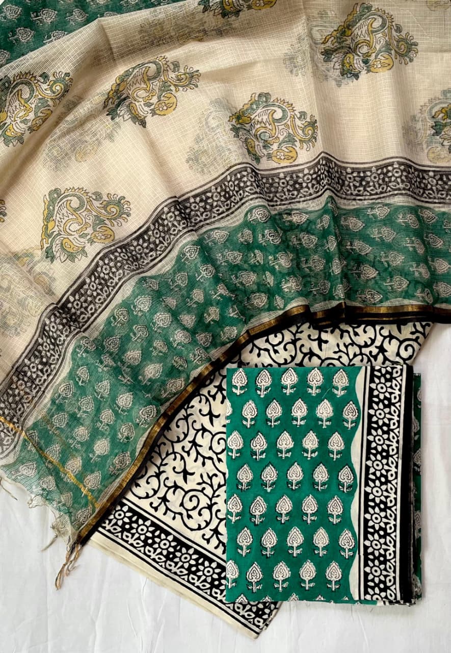 Pure Cotton Hand Block Printed Suit Set With Kota Doria Dupatta