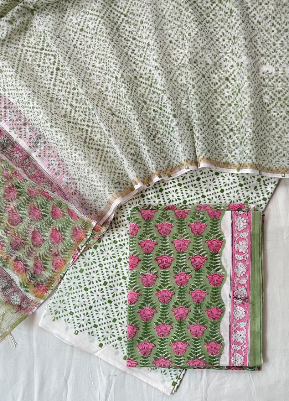 Pure Cotton Hand Block Printed Suit Set With Kota Doria Dupatta