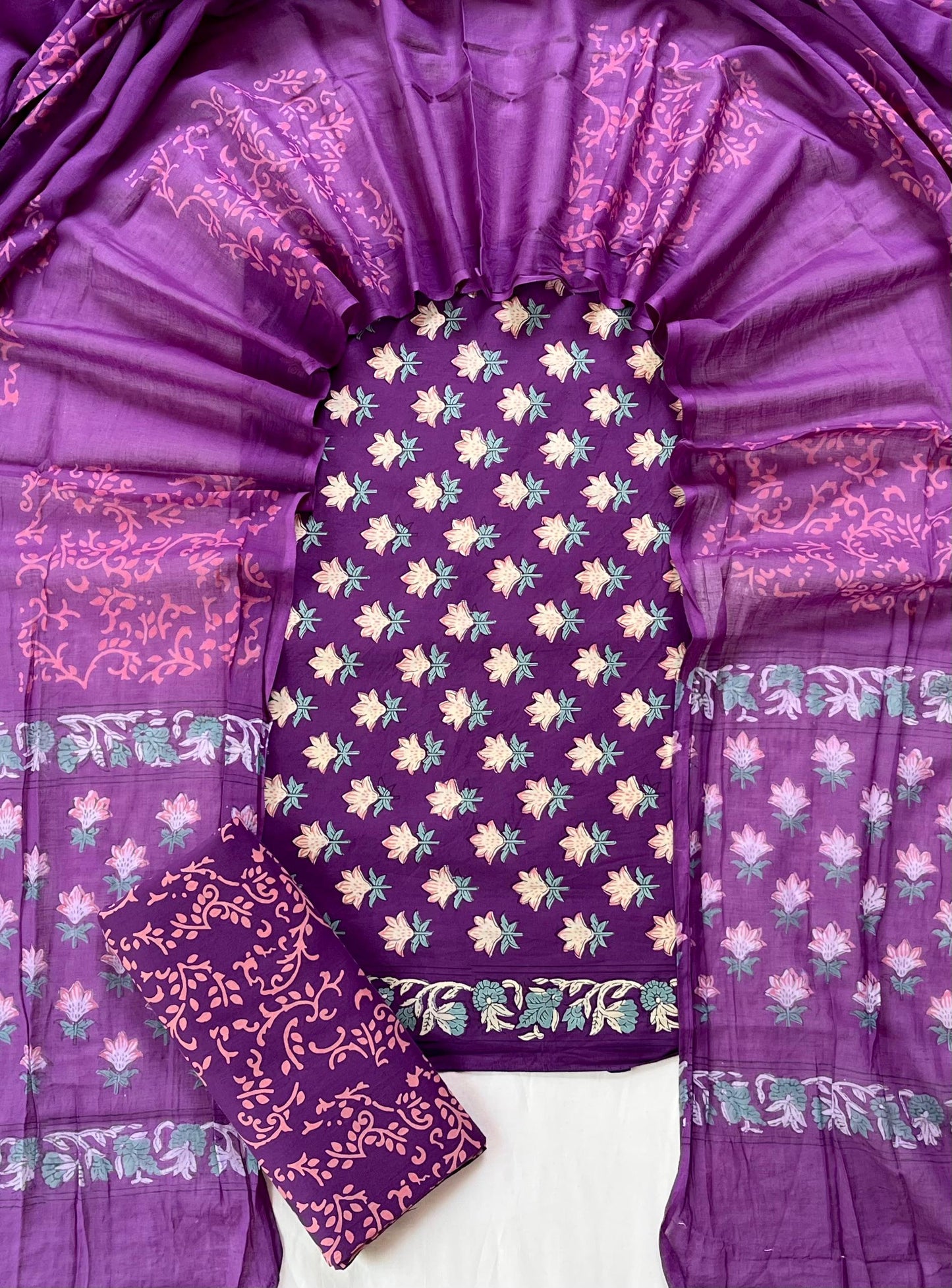 Pure Soft Cotton Hand Block Printed Suit Set With Cotton Dupatta