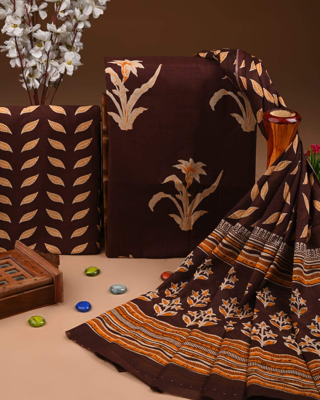 Designer Hand Block Printed Cotton Suit Set With Cotton Dupatta