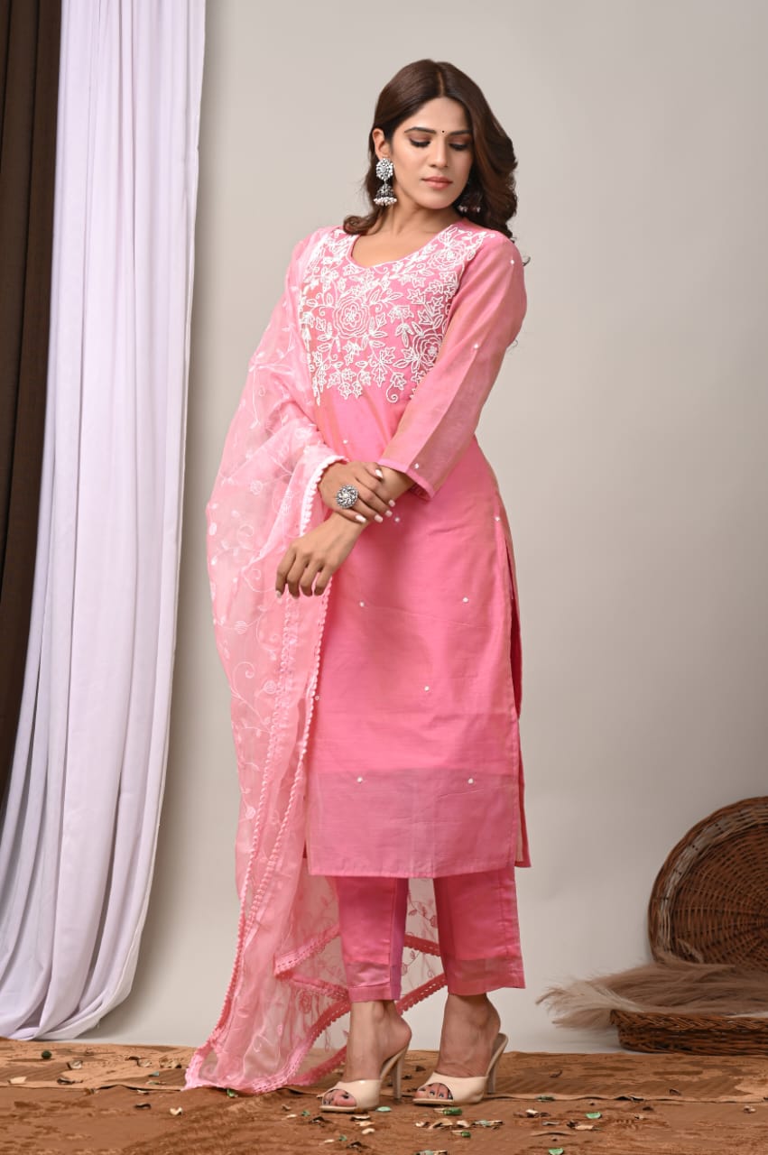 Elegant Coral Chanderi Silk Hand-Embroidered Suit Set with Dupatta