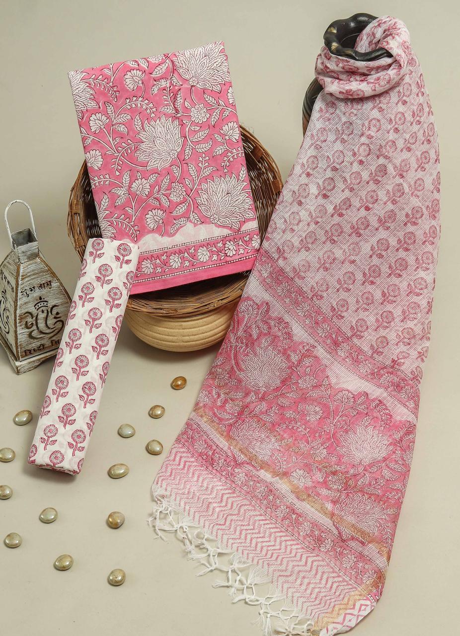 Pure Cotton Hand Block Printed Suit Set With Kota Doria Dupatta