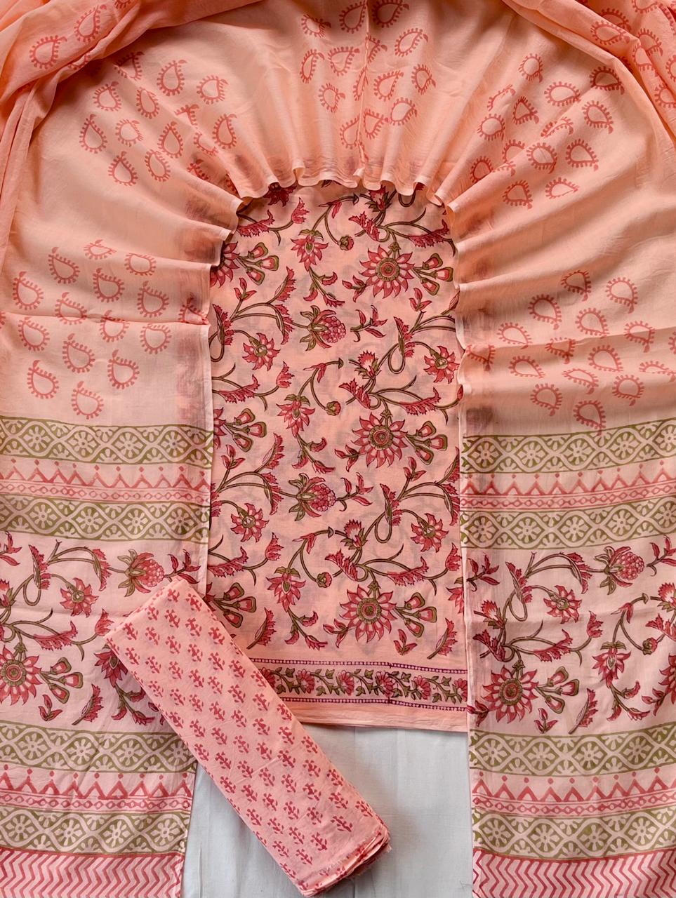 Pure Soft Cotton Hand Block Printed Suit Set With Cotton Dupatta