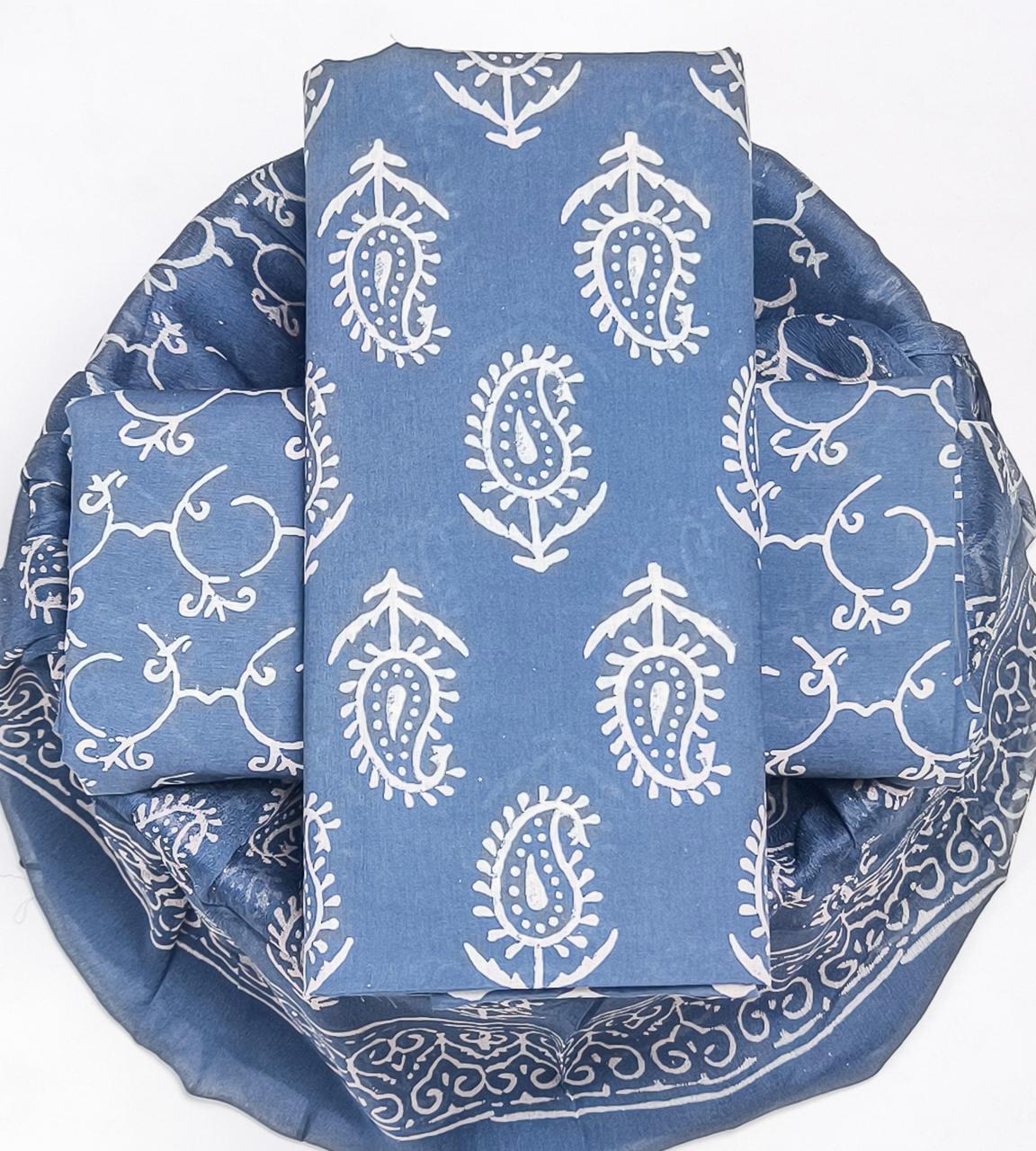 Pure Cotton Hand Block Printed Suit Set With Chiffon Dupatta