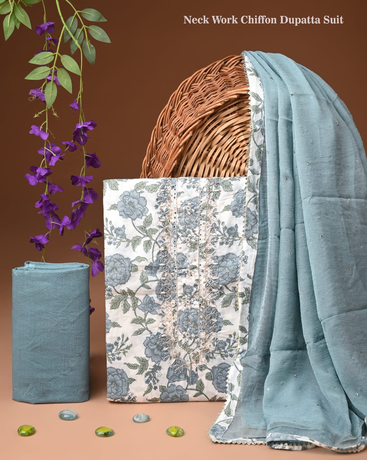 Premium Gota Patti Work Cotton Suit Set With Chiffon Dupatta