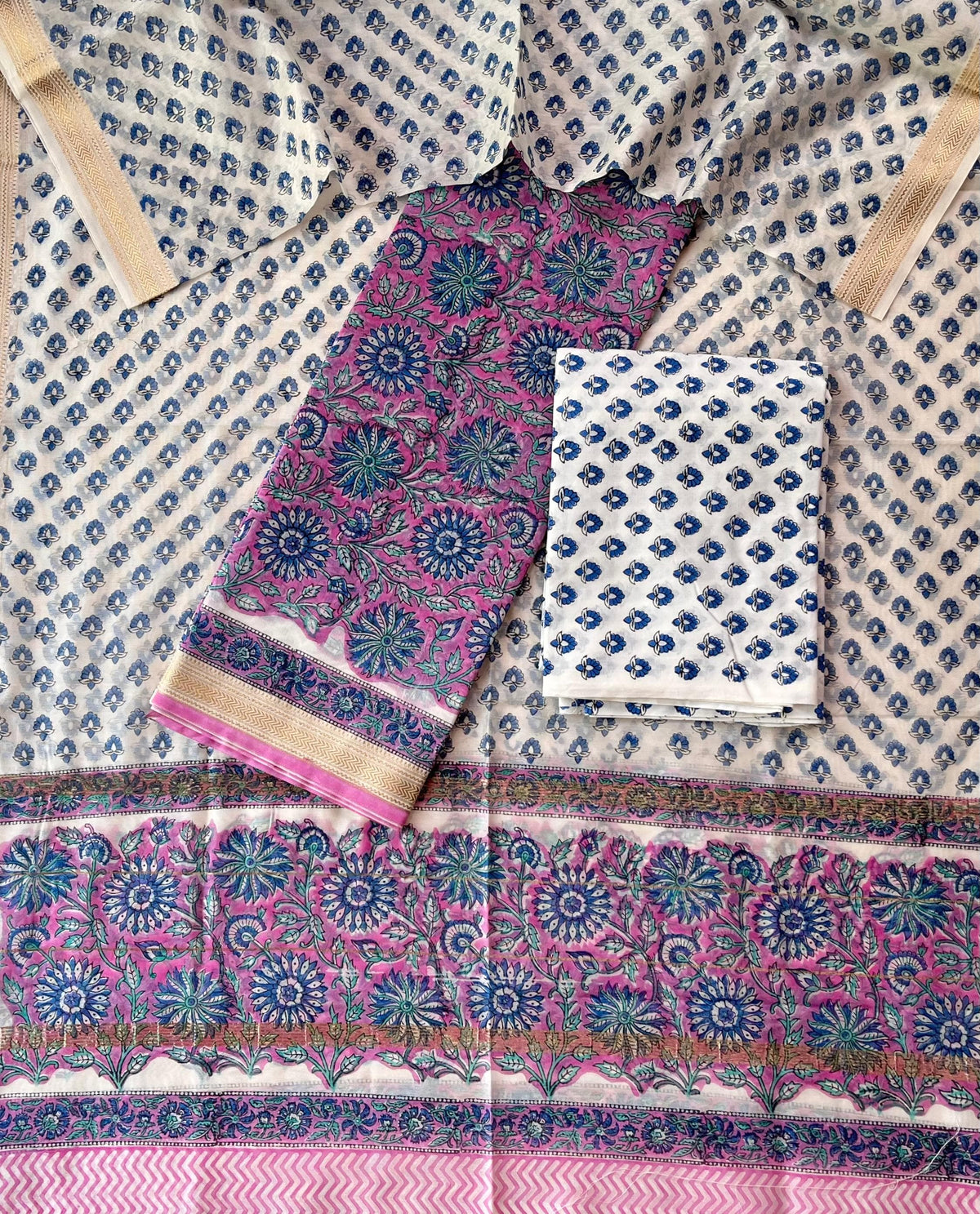 Premium Designer Handblock Printed Maheshwari Silk Suit Set