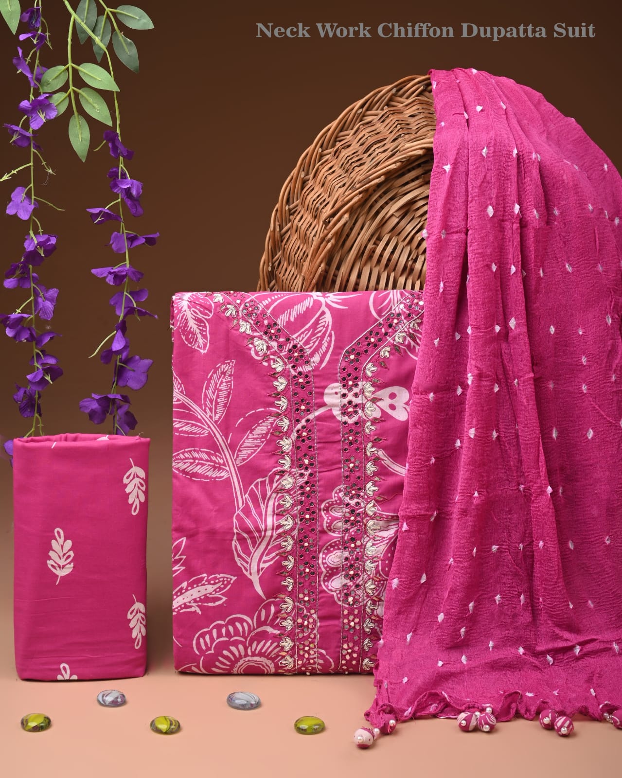 Premium Gota Patti Work Cotton Suit Set With Chiffon Dupatta