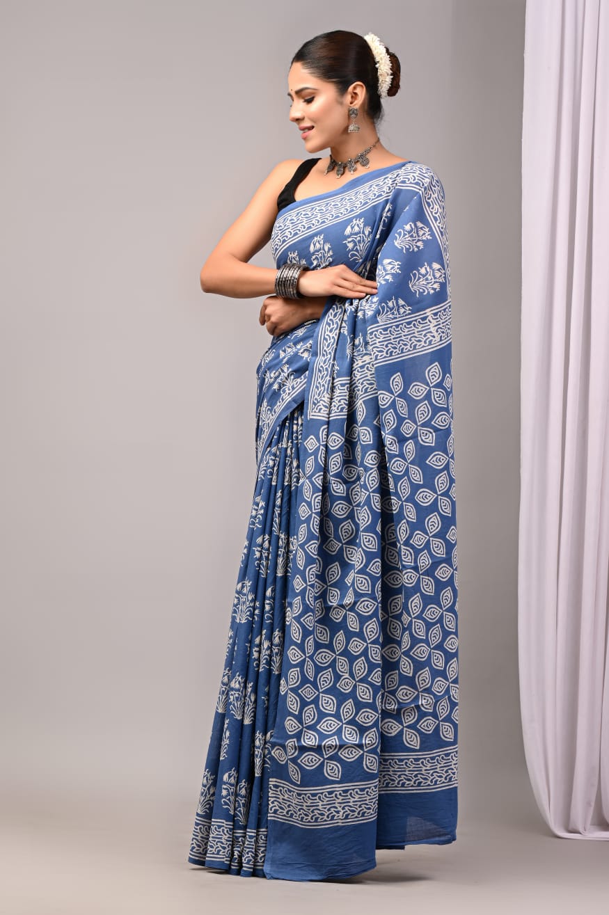 Pure Soft Cotton Handblock Printed Saree With Blouse