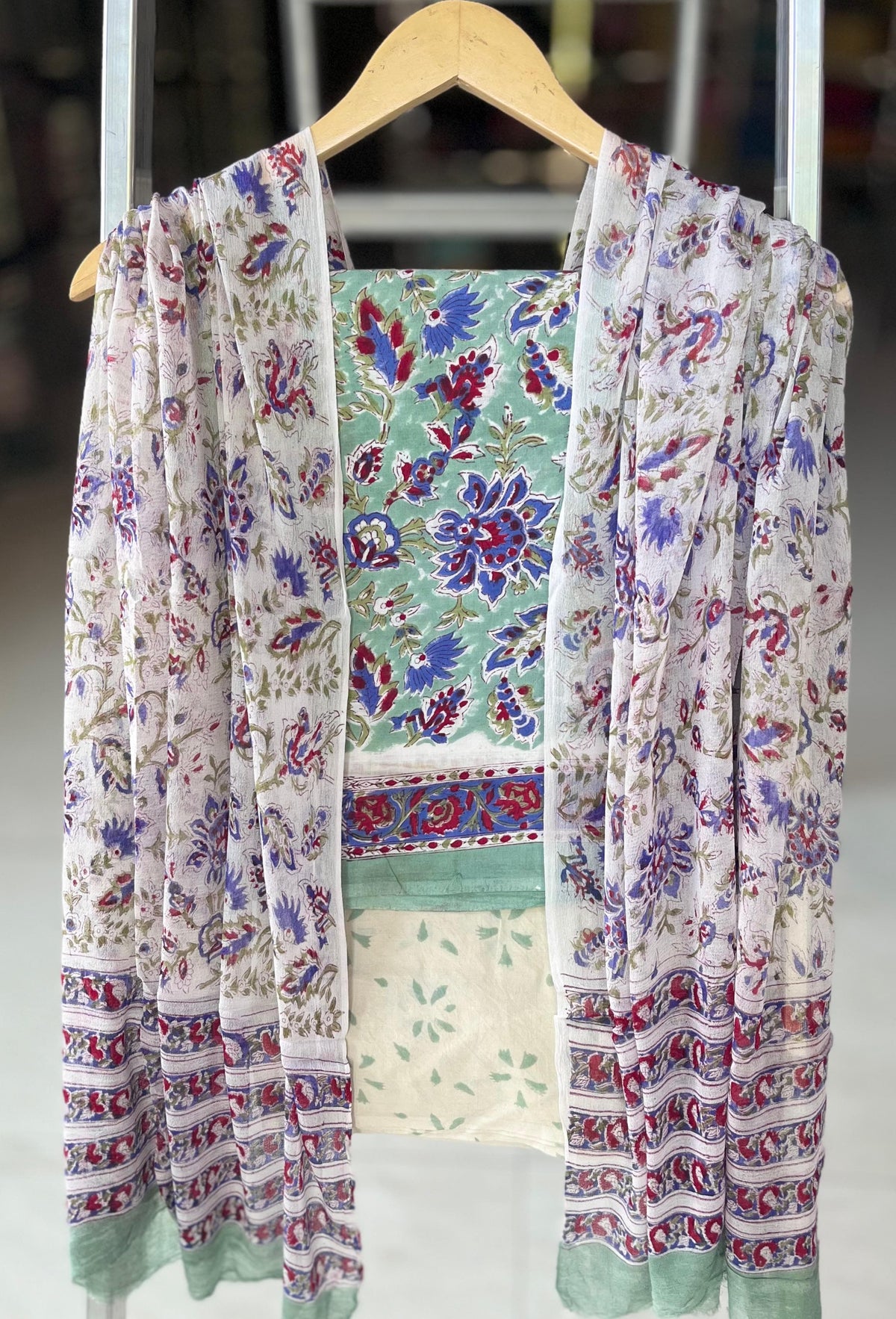 Pure Cotton Hand Block Printed Suit Set With Chiffon Dupatta