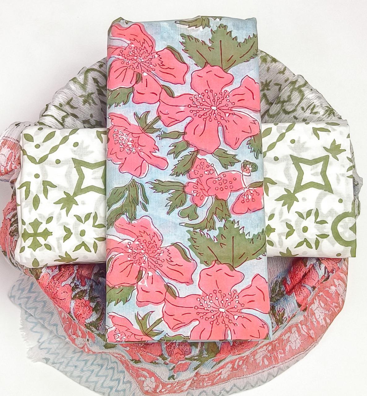 Pure Cotton Hand Block Printed Suit Set With Chiffon Dupatta