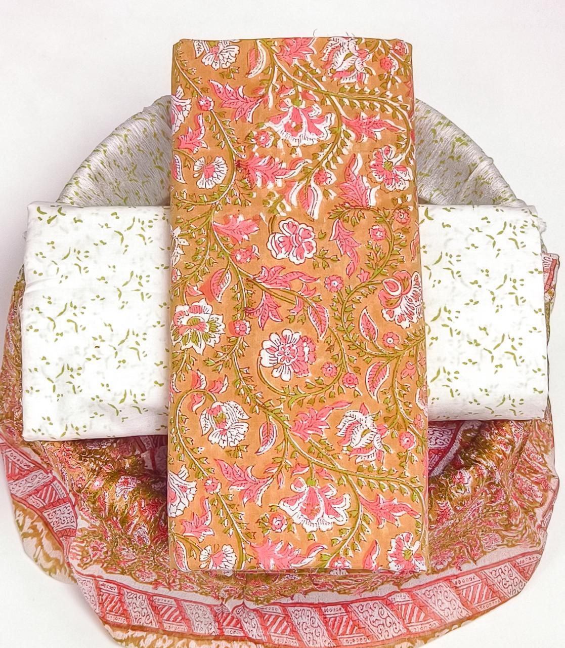 Pure Cotton Hand Block Printed Suit Set With Chiffon Dupatta