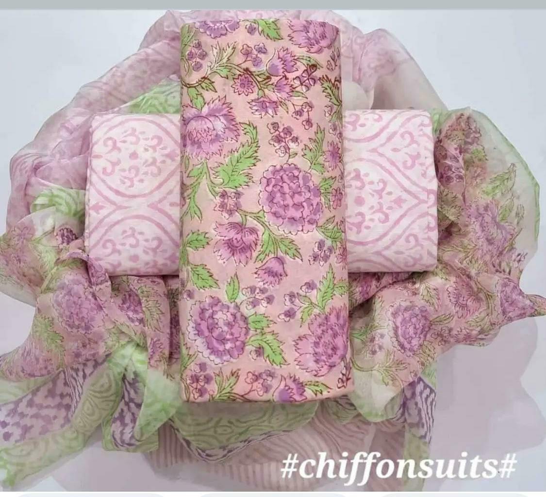 Pure Cotton Hand Block Printed Suit Set With Chiffon Dupatta