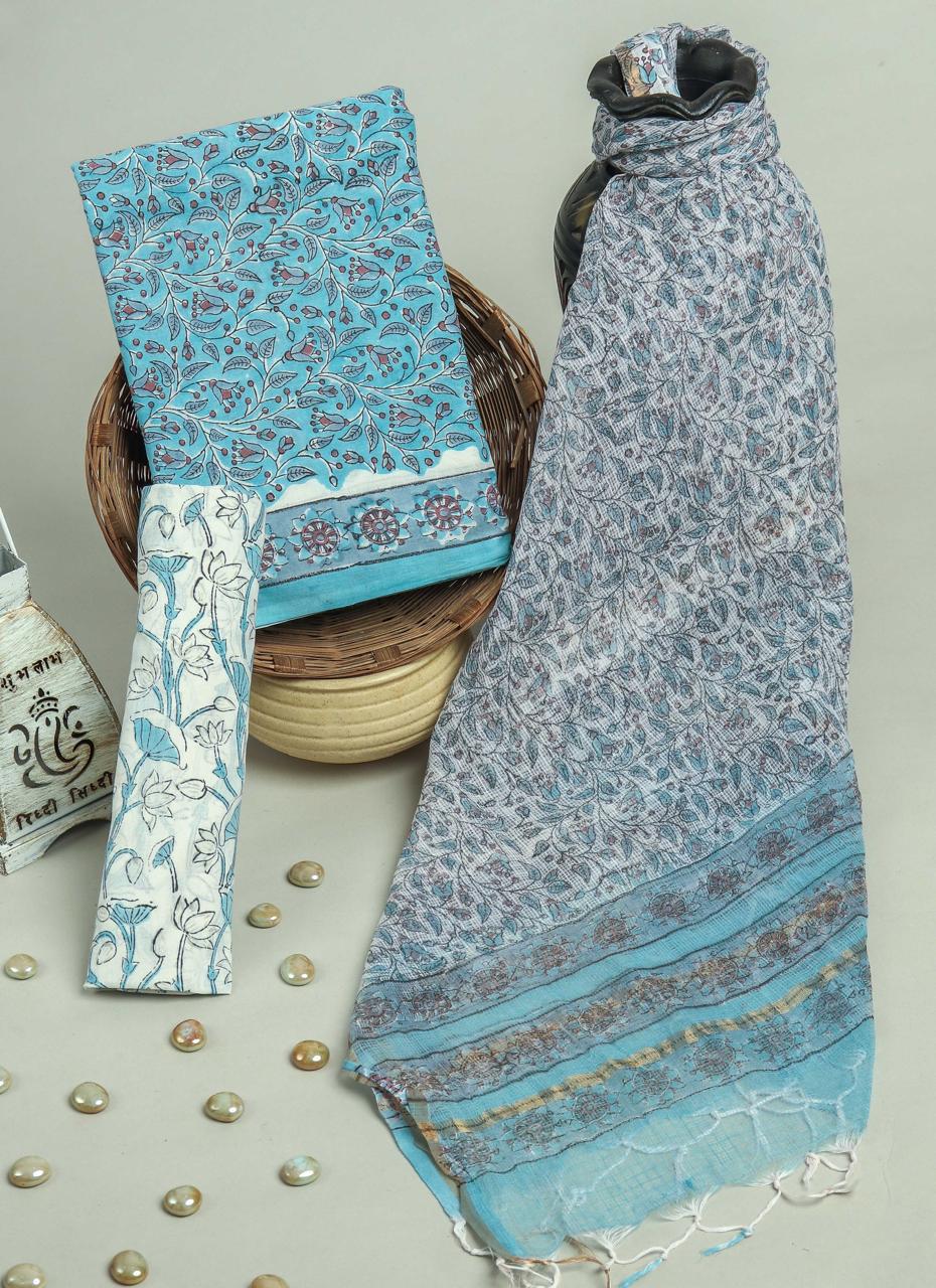 Pure Cotton Hand Block Printed Suit Set With Kota Doria Dupatta