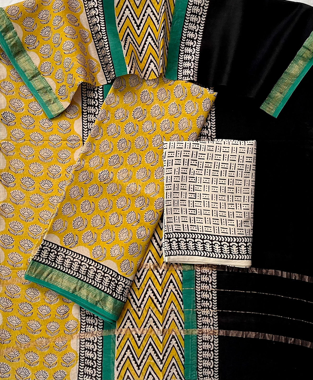 Premium Designer Handblock Printed Maheshwari Silk Suit Set
