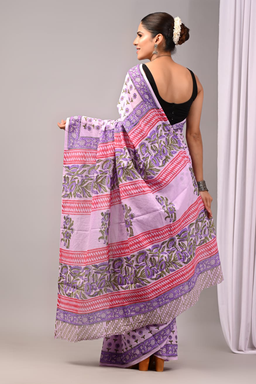 Pure Soft Cotton Handblock Printed Saree With Blouse
