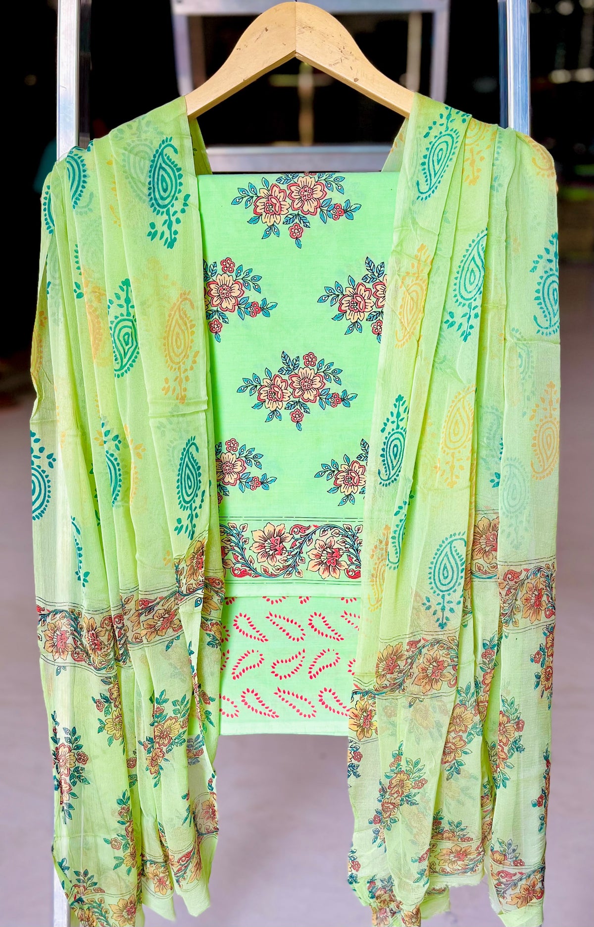 Pure Cotton Hand Block Printed Suit Set With Chiffon Dupatta