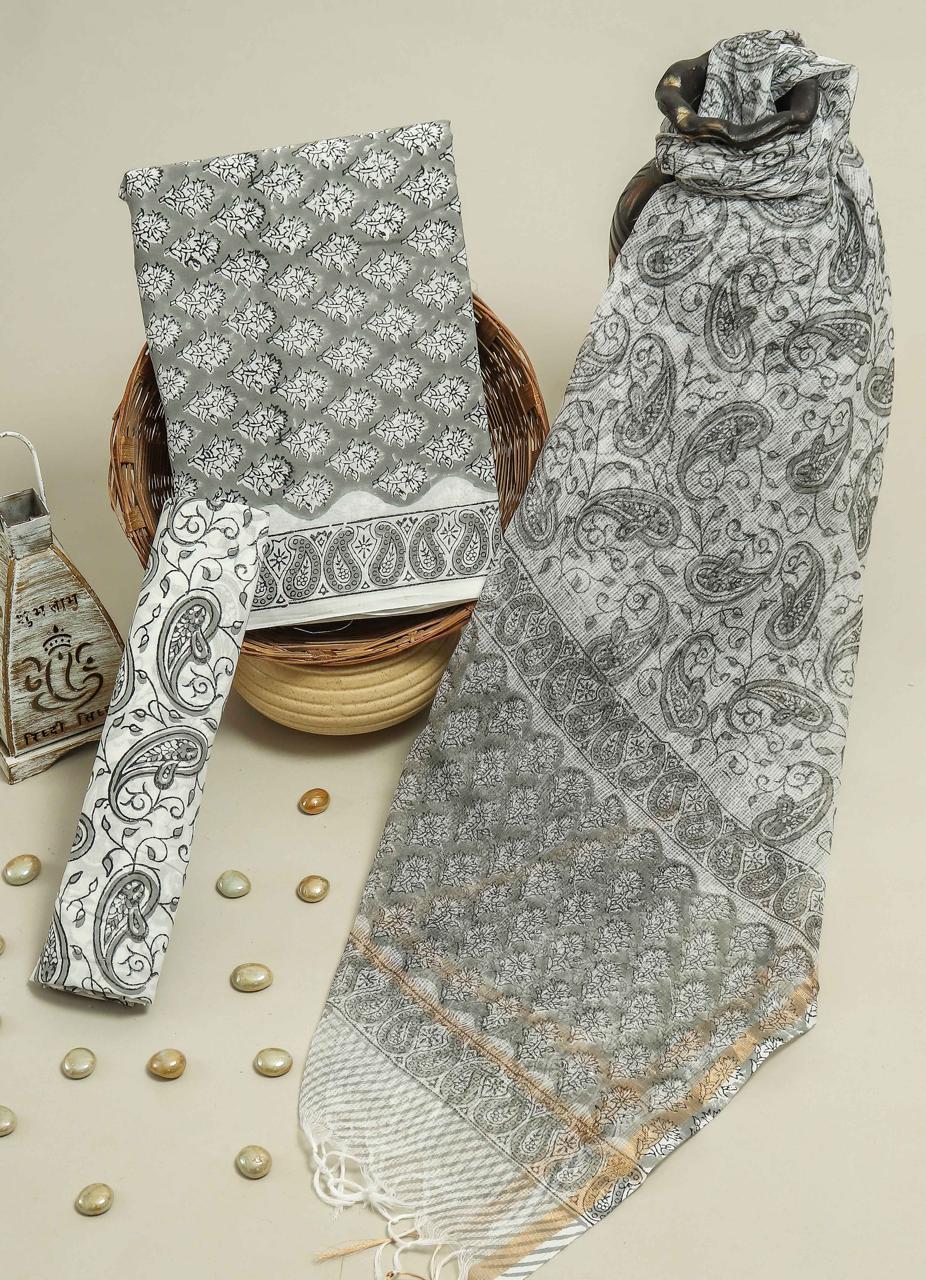 Pure Cotton Hand Block Printed Suit Set With Kota Doria Dupatta