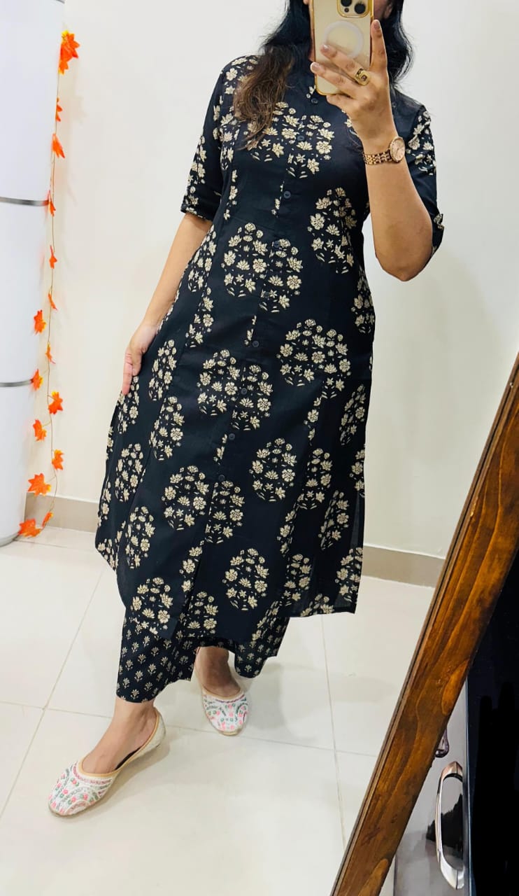 Premium Floral Fine Cotton Printed A-Line Pattern Kurti-Palazzo Set