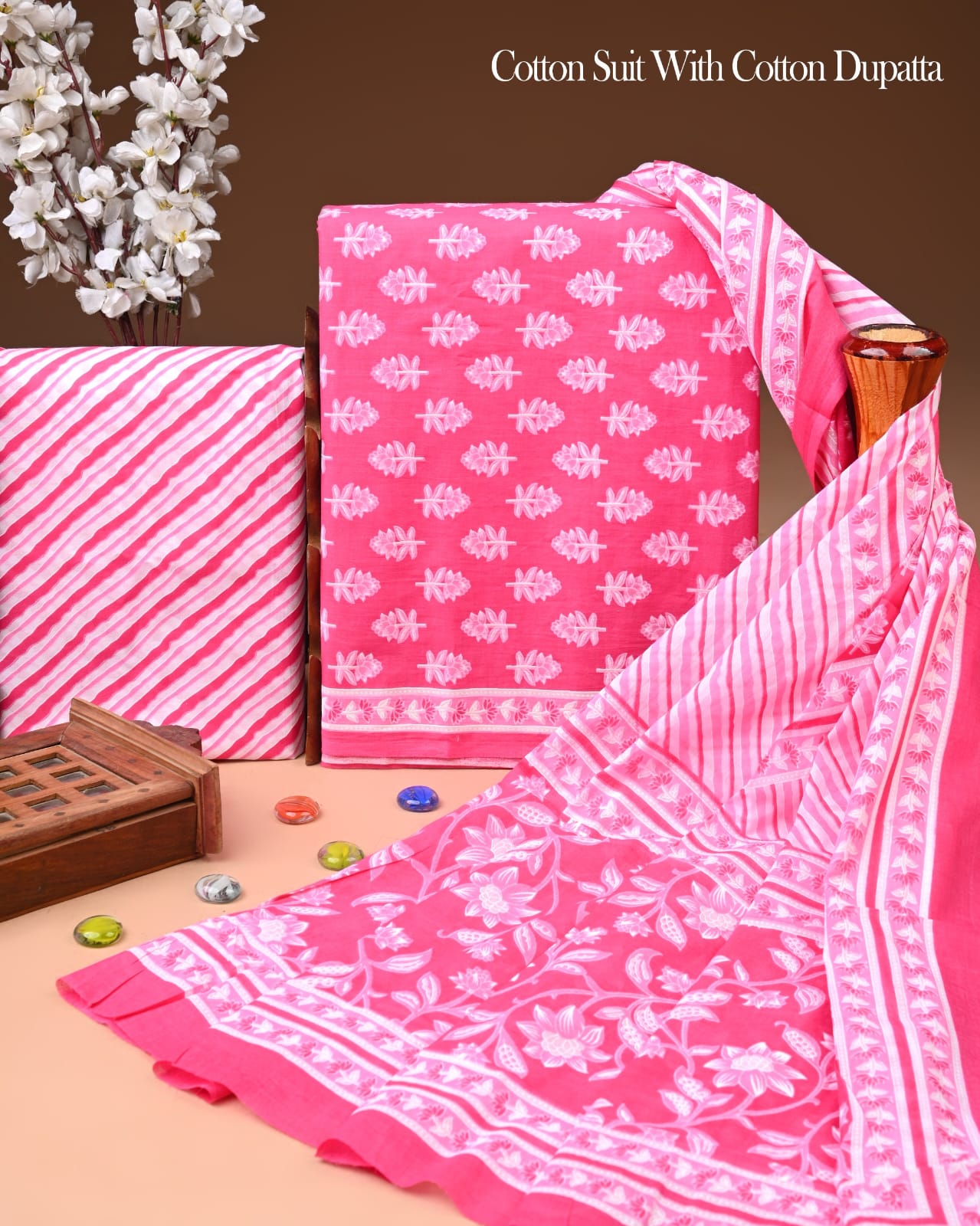 Designer Hand Block Printed Cotton Suit Set With Cotton Dupatta