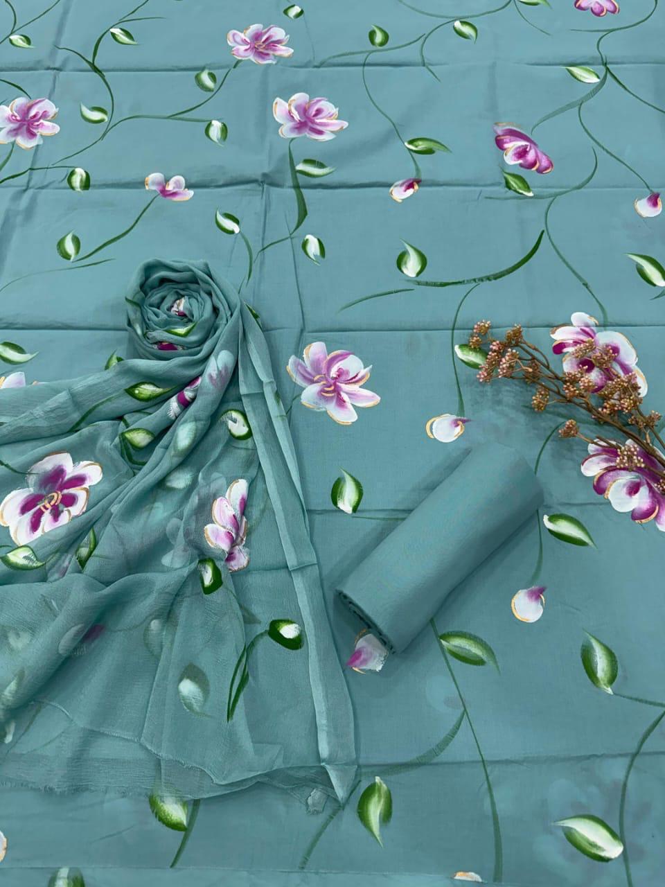 Pure Cotton Hand Block Printed Suit Set With Chiffon Dupatta