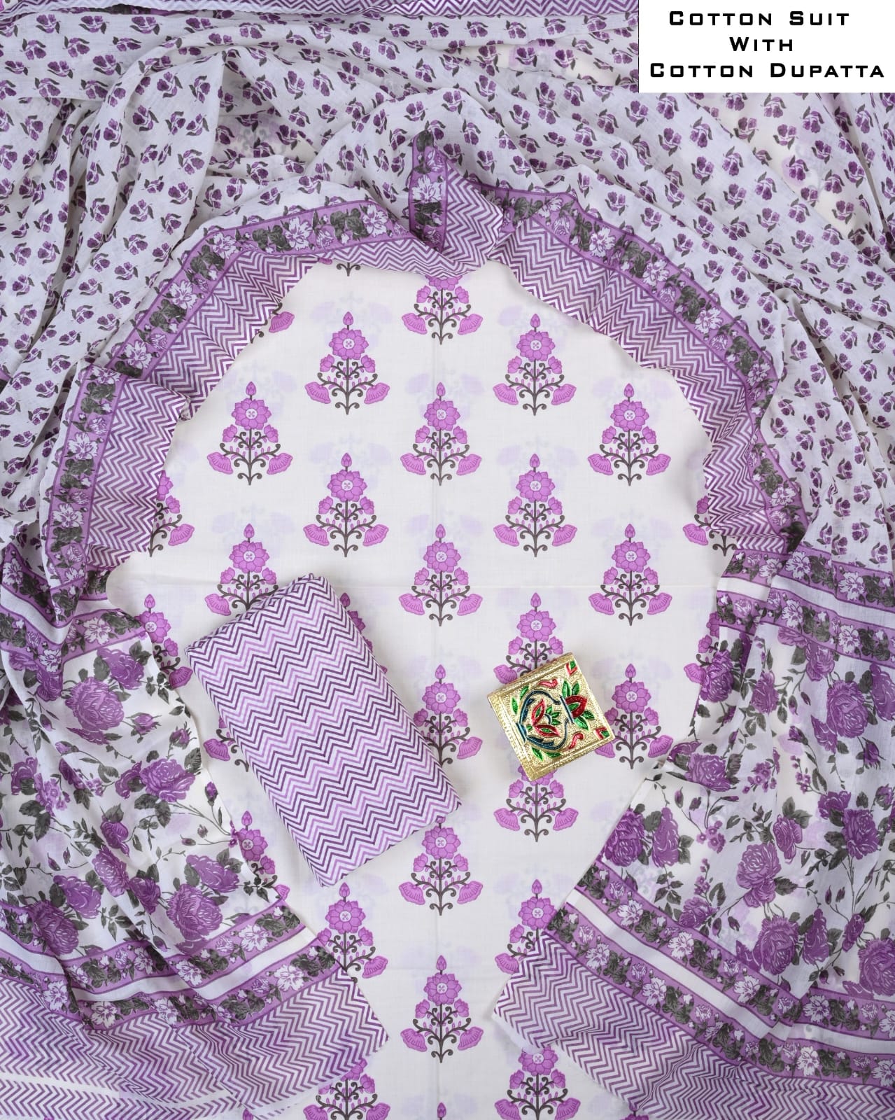 Designer Hand Block Printed Cotton Suit Set With Cotton Dupatta