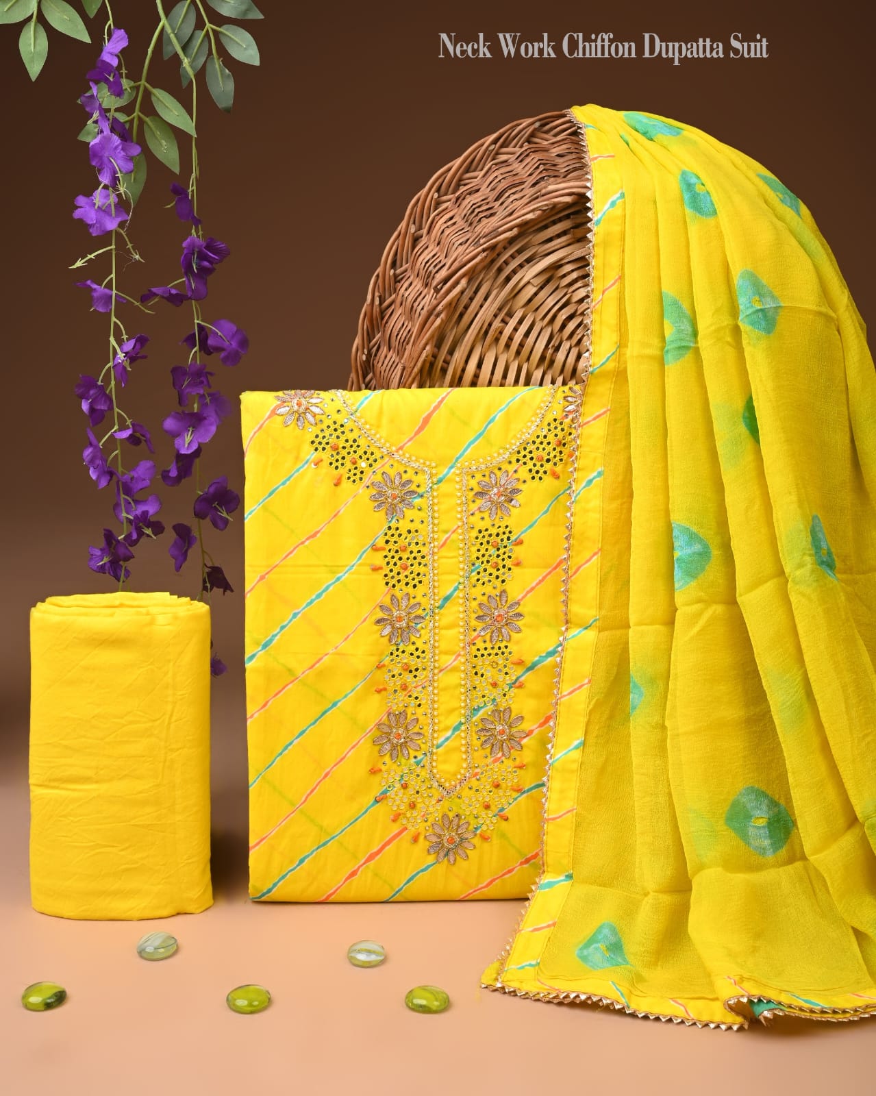 Premium Gota Patti Work Cotton Suit Set With Chiffon Dupatta