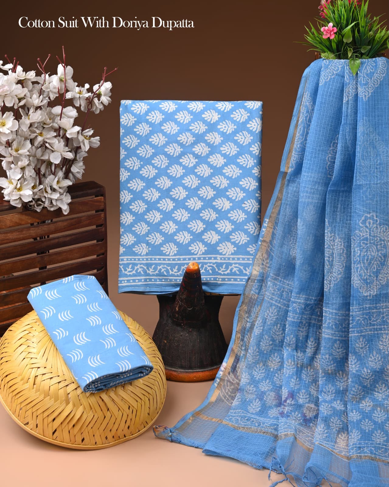 Pure Cotton Hand Block Printed Suit Set With Kota Doria Dupatta