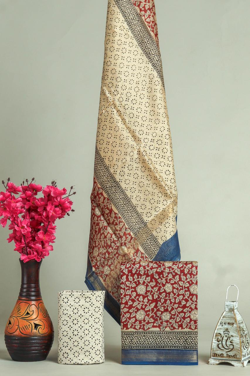 Premium Designer Handblock Printed Maheshwari Silk Suit Set