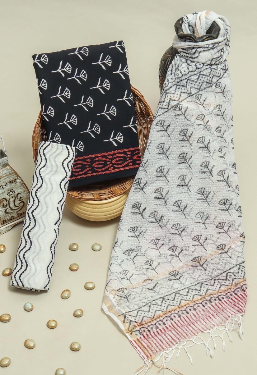 Pure Cotton Hand Block Printed Suit Set With Kota Doria Dupatta
