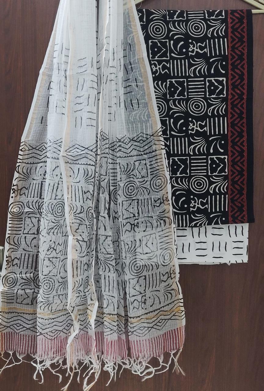 Pure Cotton Hand Block Printed Suit Set With Kota Doria Dupatta