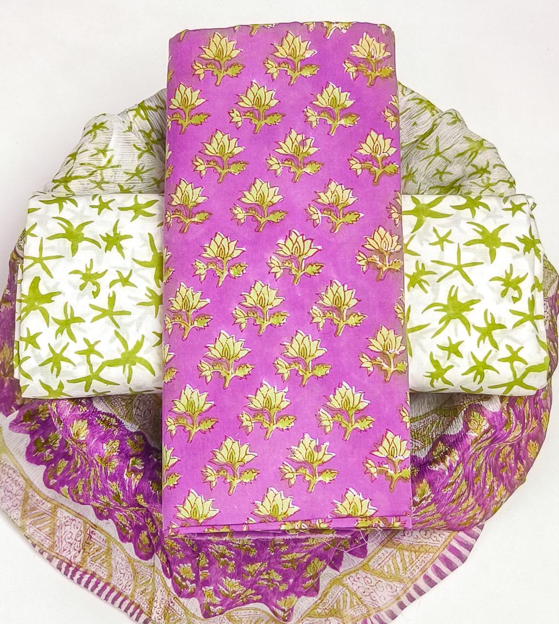Pure Cotton Hand Block Printed Suit Set With Chiffon Dupatta