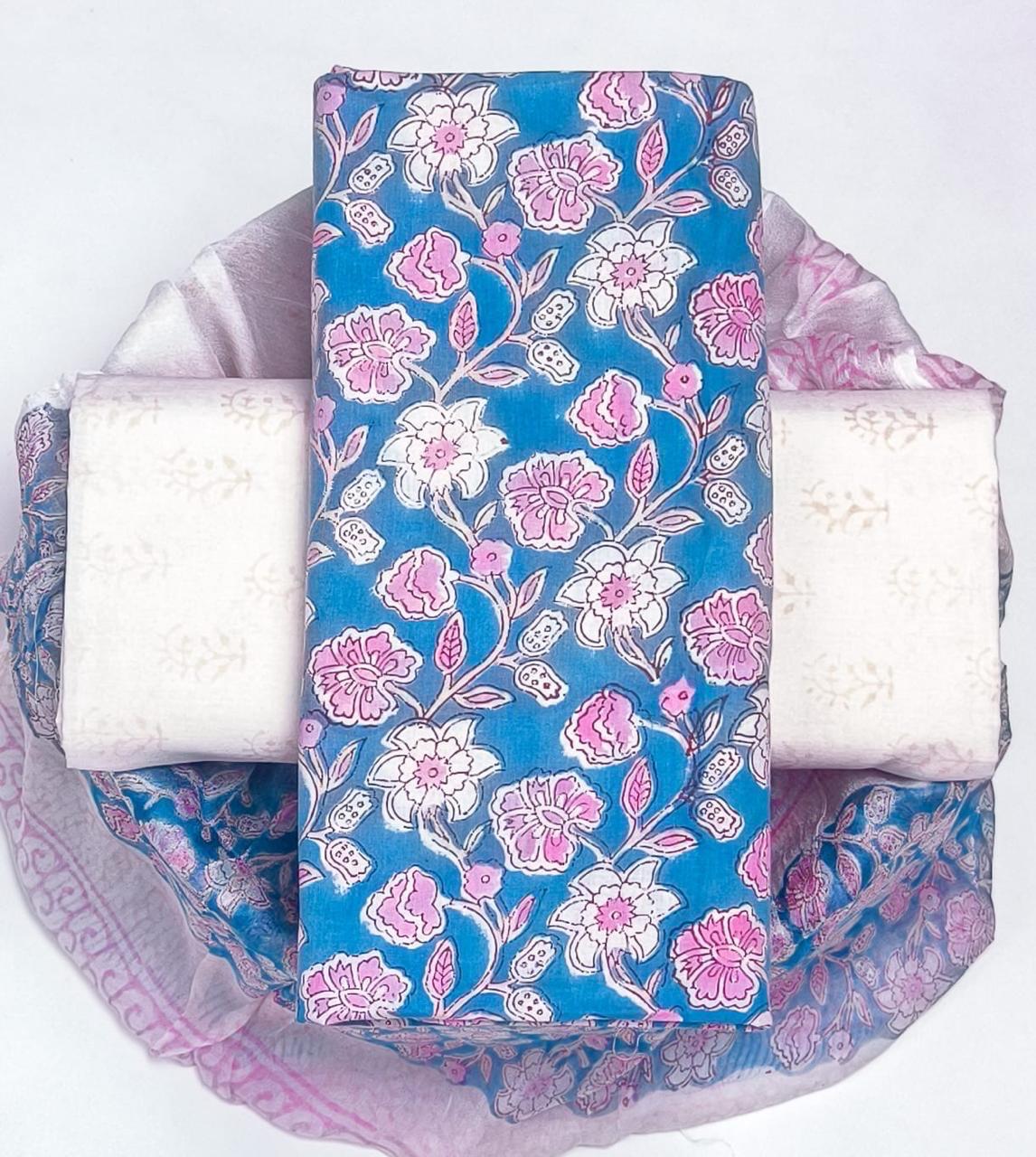 Pure Cotton Hand Block Printed Suit Set With Chiffon Dupatta
