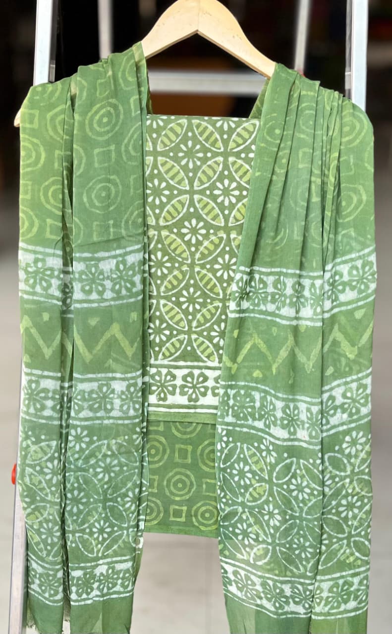 Pure Cotton Hand Block Printed Suit Set With Chiffon Dupatta