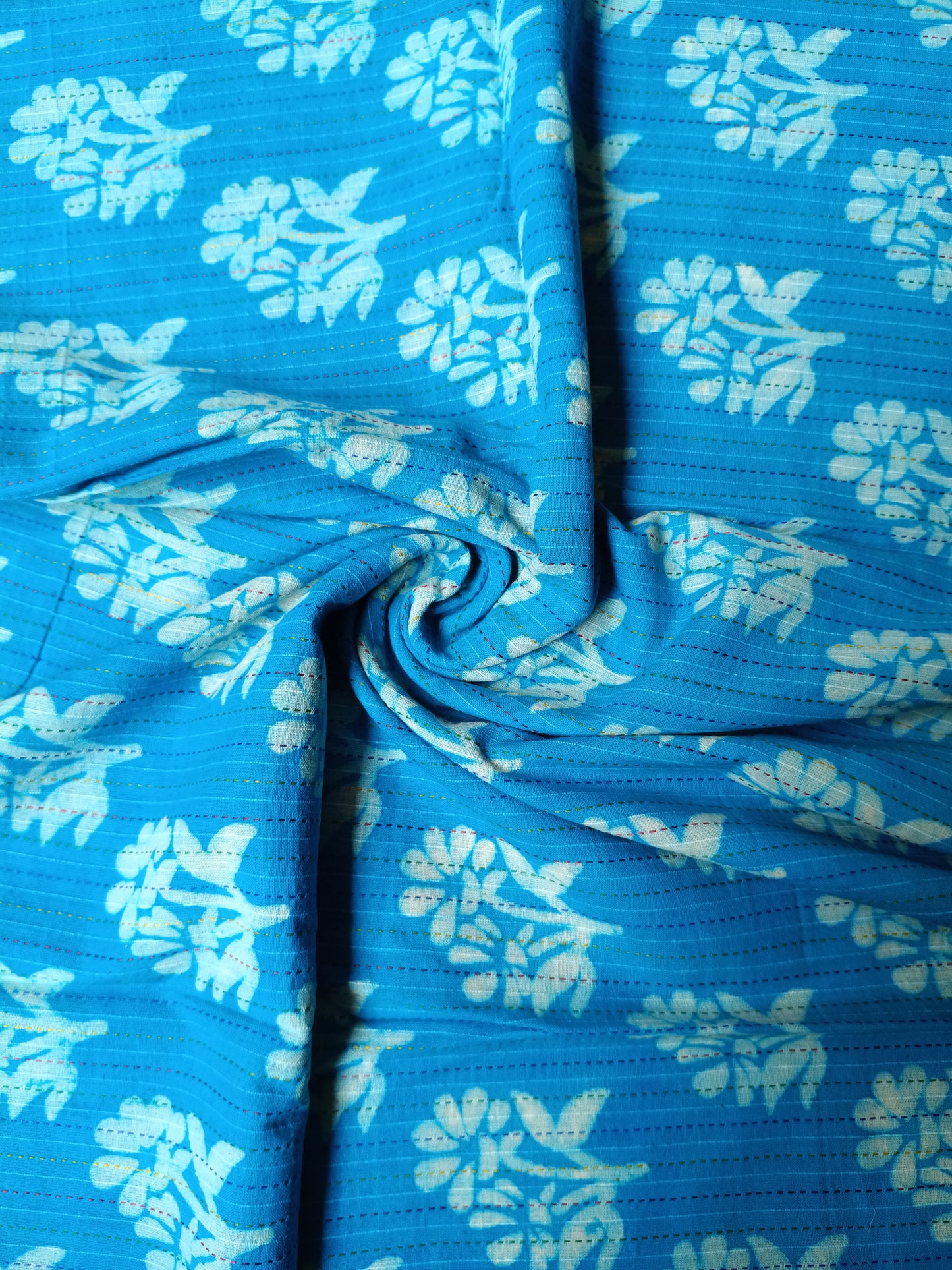 (Pre-cut 2.20 Meter) Pure Soft Cotton Hand Block Printed Kantha Fabric