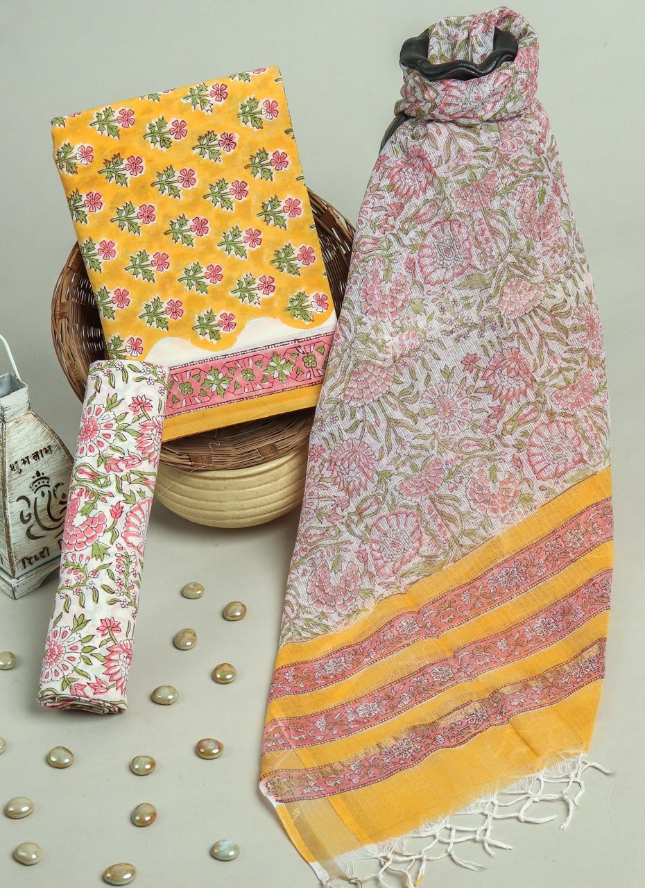 Pure Cotton Hand Block Printed Suit Set With Kota Doria Dupatta