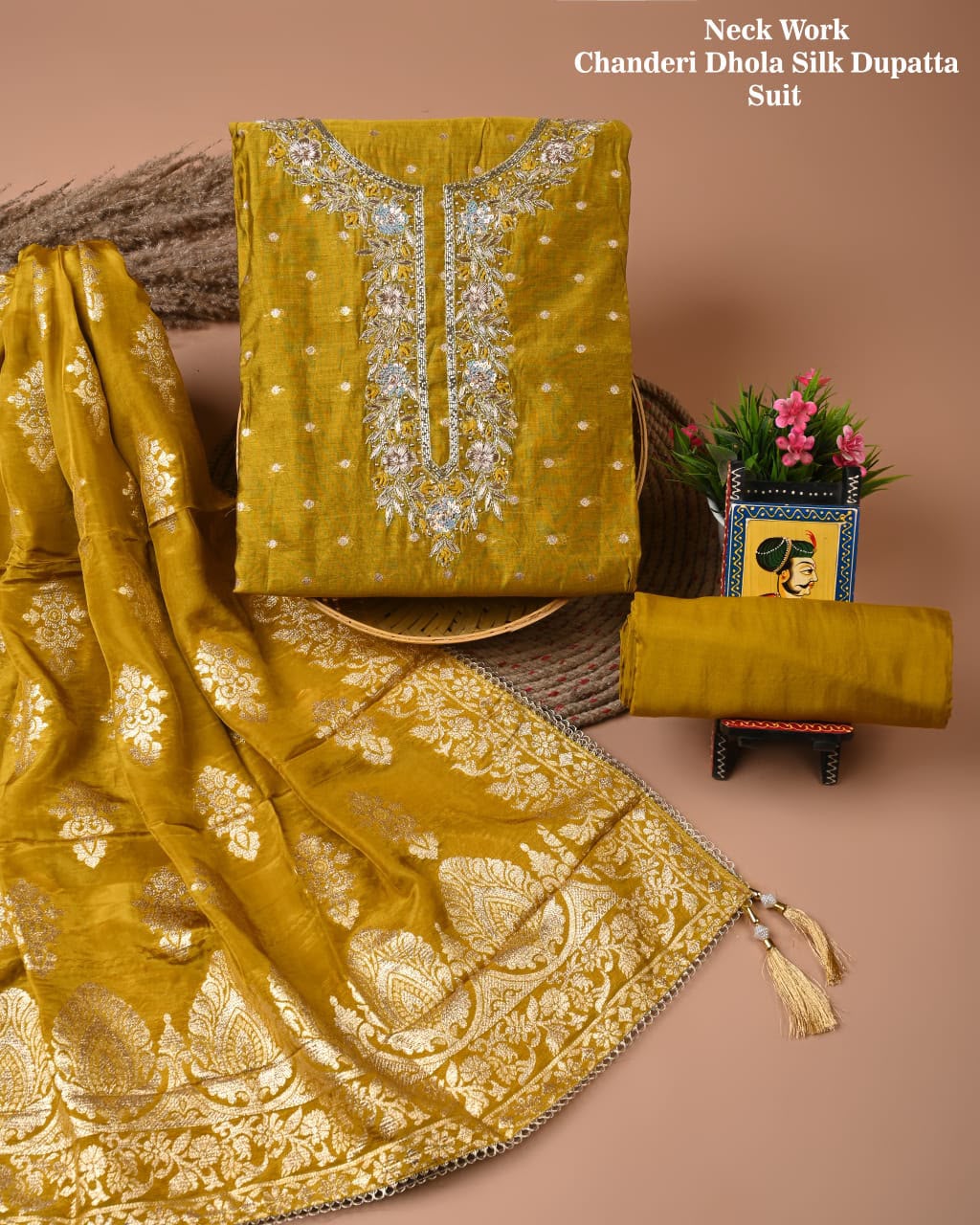 Premium Heavy Neck Work Dola Silk Suit Set