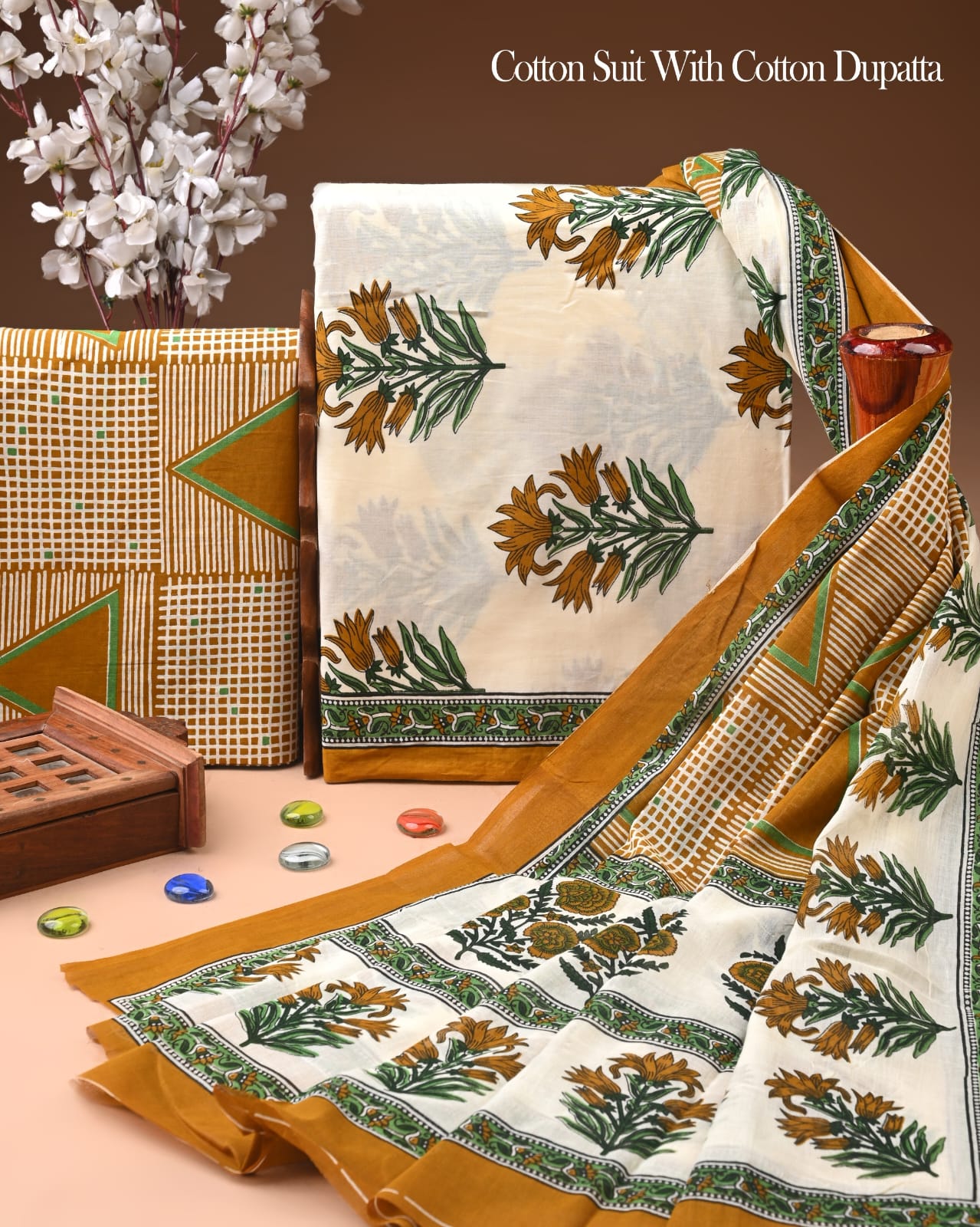 Pure Soft Cotton Hand Block Printed Suit Set With Cotton Dupatta