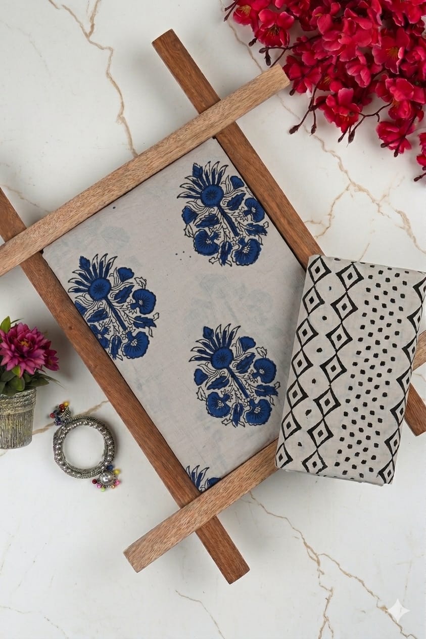 Pure Soft Cotton Handblock Printed 2PC Top-Bottom Suit Set (2.50 Meter Each)