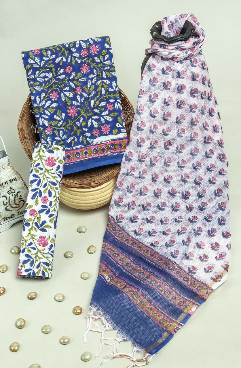 Pure Cotton Hand Block Printed Suit Set With Kota Doria Dupatta