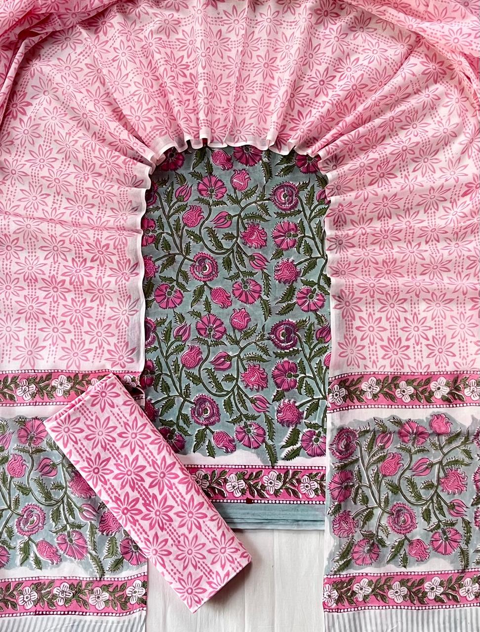 Pure Soft Cotton Hand Block Printed Suit Set With Cotton Dupatta