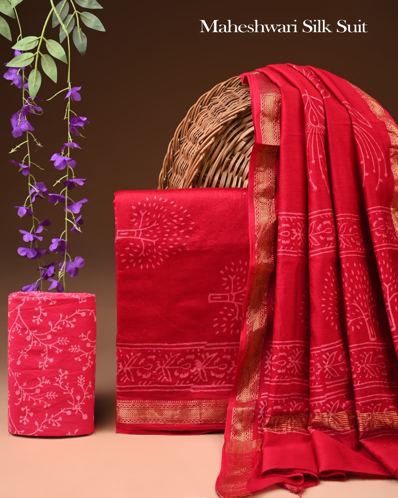 Premium Designer Handblock Printed Maheshwari Silk Suit Set