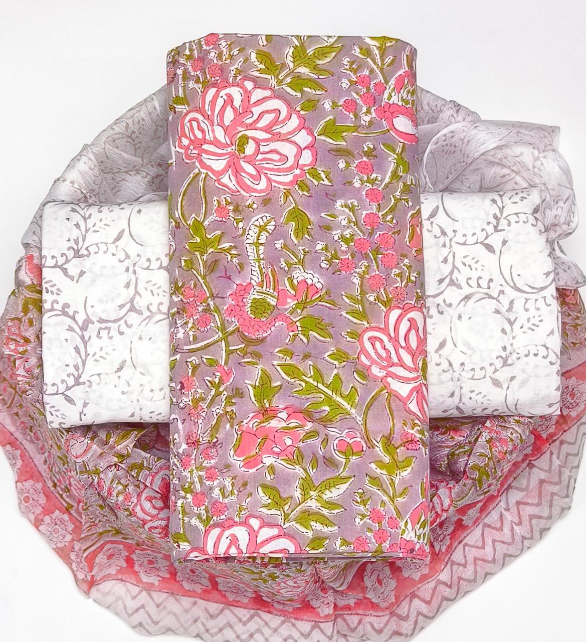 Pure Cotton Hand Block Printed Suit Set With Chiffon Dupatta