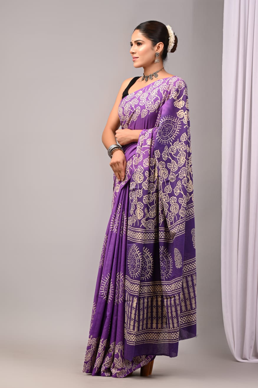 Pure Soft Cotton Handblock Printed Saree With Blouse