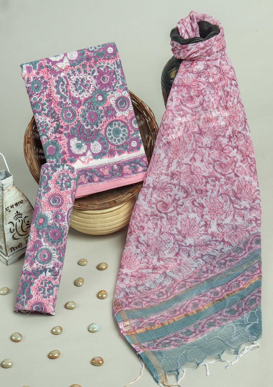 Pure Cotton Hand Block Printed Suit Set With Kota Doria Dupatta