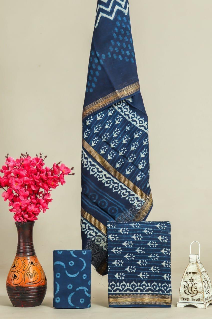 Designer Handblock Printed Maheshwari Silk Suit Set
