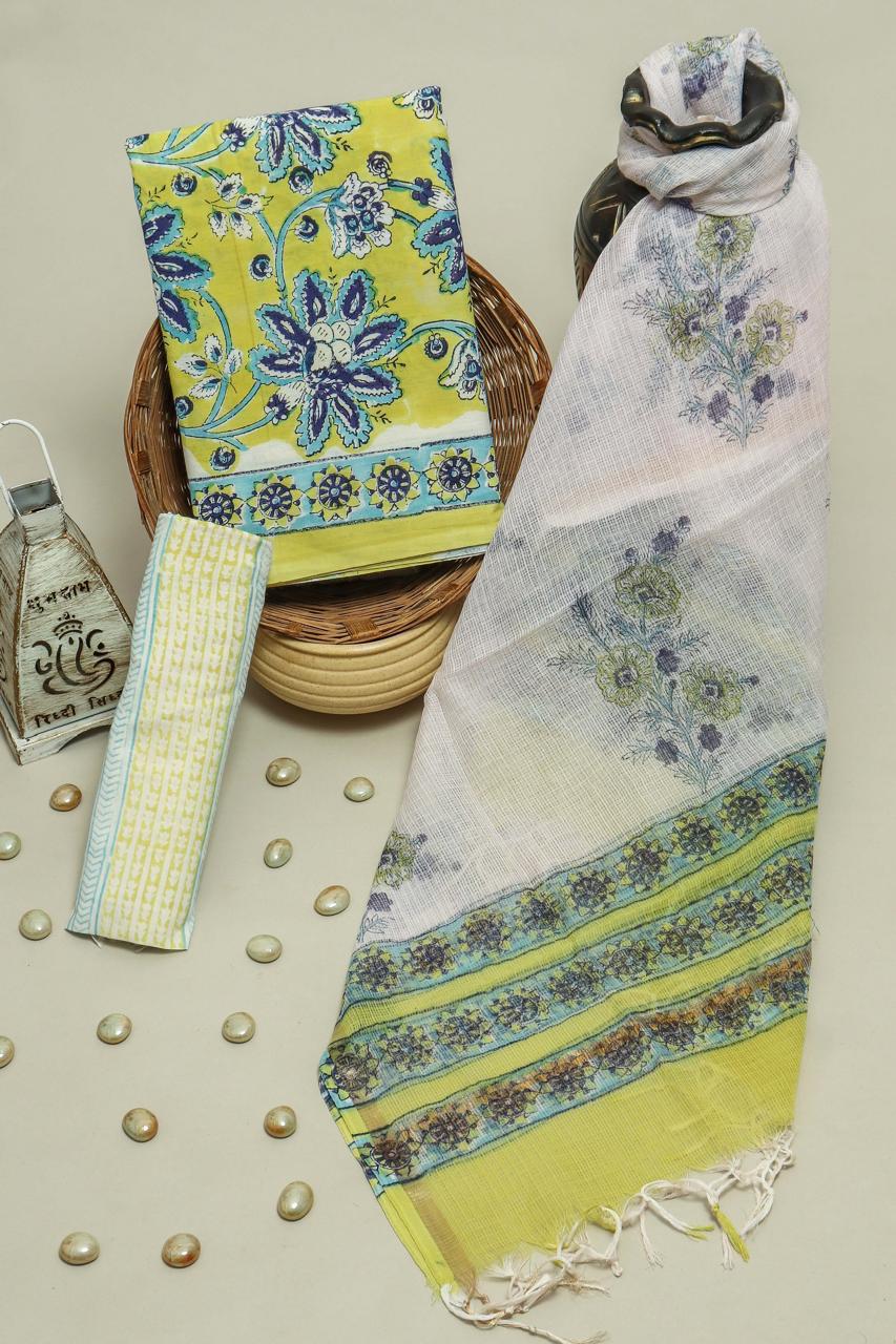 Pure Cotton Hand Block Printed Suit Set With Kota Doria Dupatta