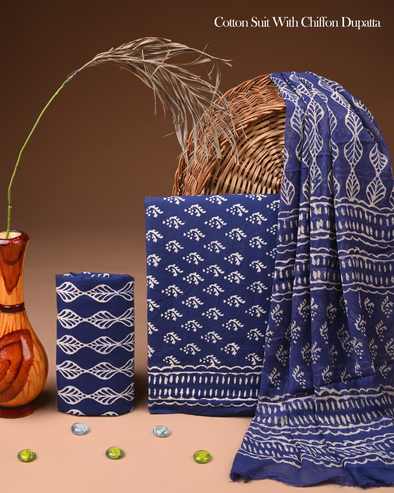 Pure Cotton Hand Block Printed Suit Set With Chiffon Dupatta