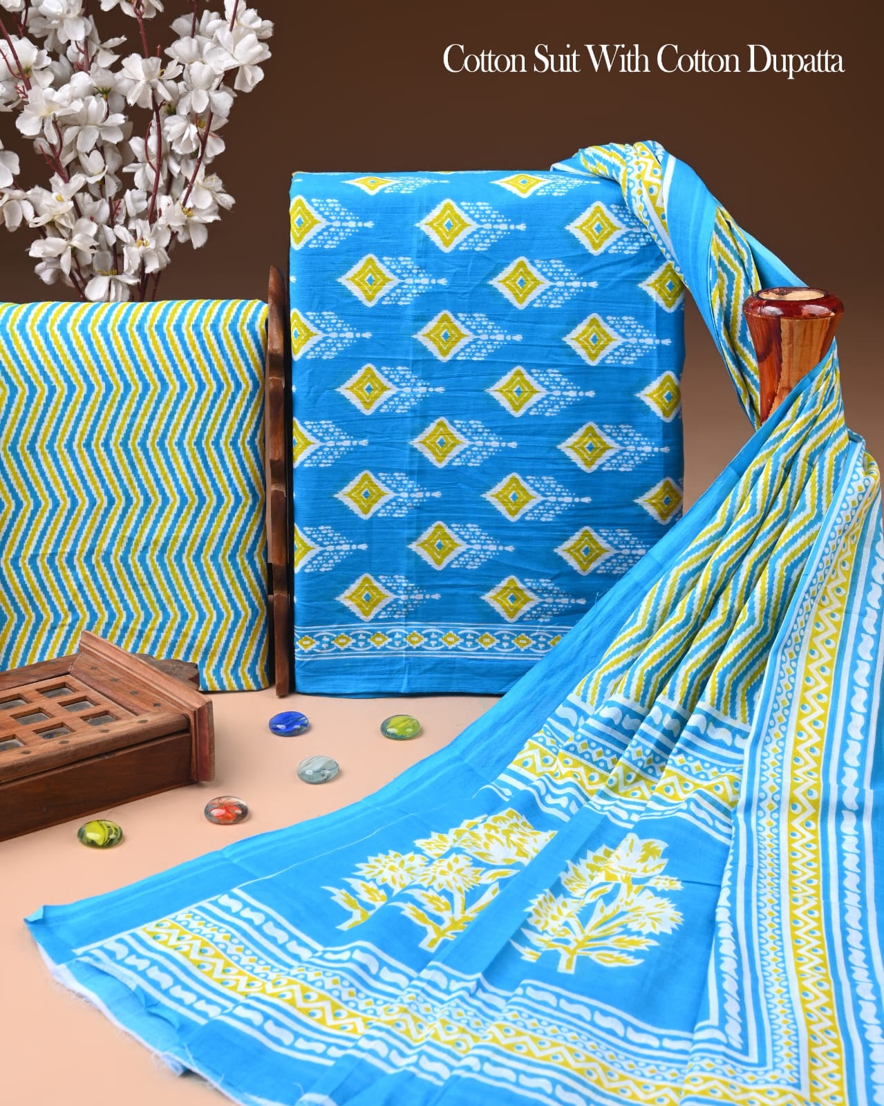 Designer Hand Block Printed Cotton Suit Set With Cotton Dupatta