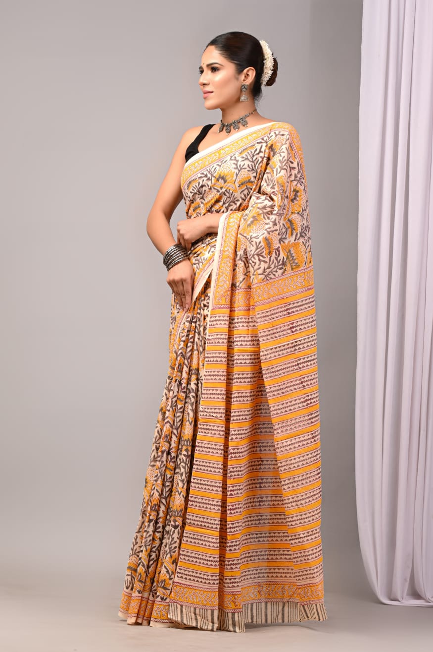 Pure Soft Cotton Handblock Printed Saree With Blouse
